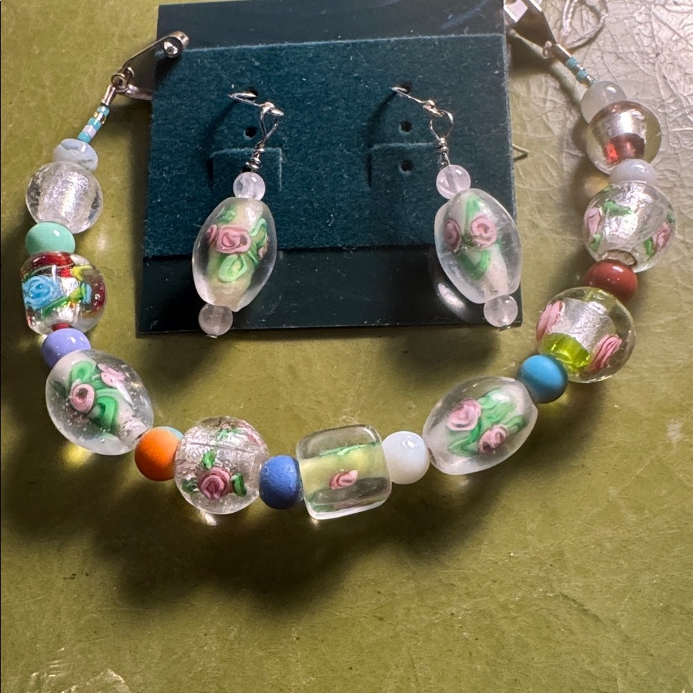 Colorful Glass Mille flower and gemstone Beaded Bracelet and Earrings set